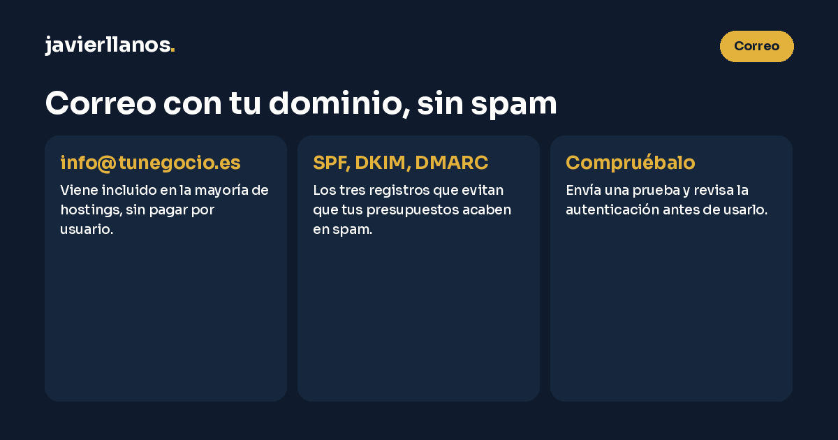Correo profesional con tu dominio sin spam: info@tunegocio.es viene incluido en la mayoría de hostings, los registros SPF, DKIM y DMARC evitan que tus presupuestos acaben en spam y conviene enviar una prueba antes de usarlo