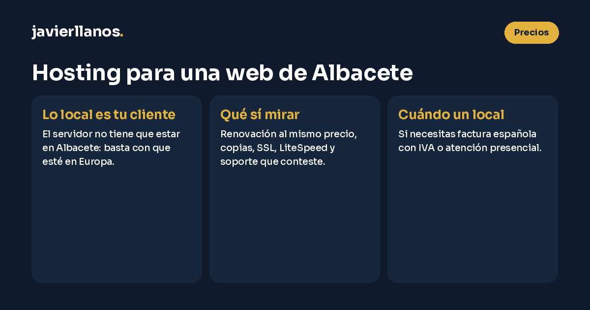 Hosting para una web de Albacete: el servidor no tiene que estar en Albacete sino en Europa; mira renovación al mismo precio, copias, SSL, LiteSpeed y soporte; un proveedor local compensa si necesitas factura española con IVA o atención presencial