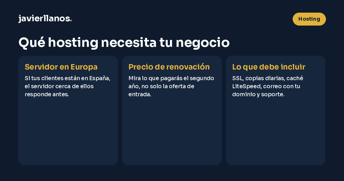 Qué hosting necesita la web de un negocio local: servidor en Europa si tus clientes están en España, mirar el precio de renovación y no solo la oferta de entrada, e incluir SSL, copias diarias, caché LiteSpeed, correo con tu dominio y soporte
