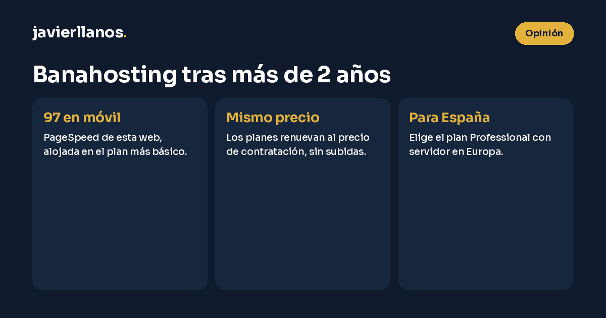 Opinión de Banahosting tras más de dos años: 97 en PageSpeed móvil con el plan más básico, los planes renuevan al mismo precio de contratación y para España conviene el plan Professional con servidor en Europa