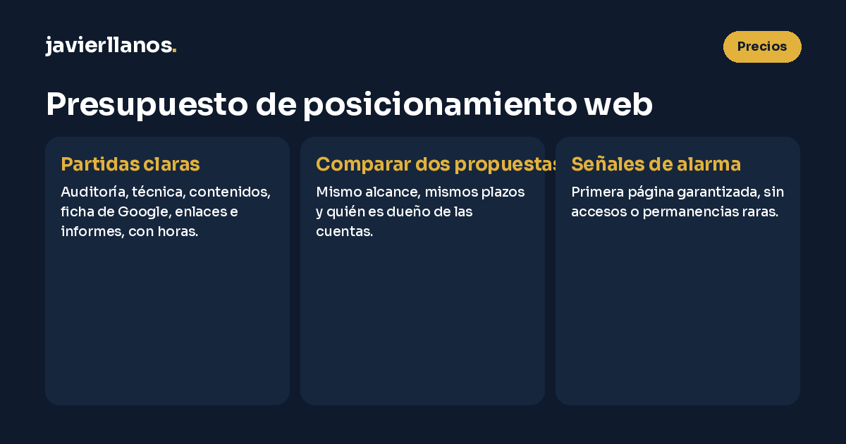 Presupuesto de posicionamiento web: qué partidas debe incluir, cómo comparar dos propuestas y las señales de alarma, como la primera página garantizada