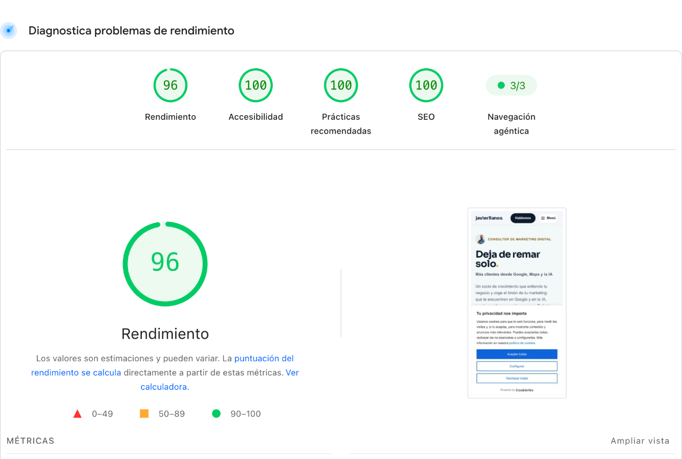 Captura de PageSpeed Insights de javierllanos.com en móvil el 22 de octubre de 2026: rendimiento 96, accesibilidad 100, prácticas recomendadas 100 y SEO 100