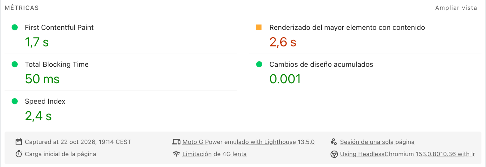 Métricas de PageSpeed Insights en móvil el 22 de octubre de 2026: First Contentful Paint 1,7 s, LCP 2,6 s, Total Blocking Time 50 ms, CLS 0,001 y Speed Index 2,4 s
