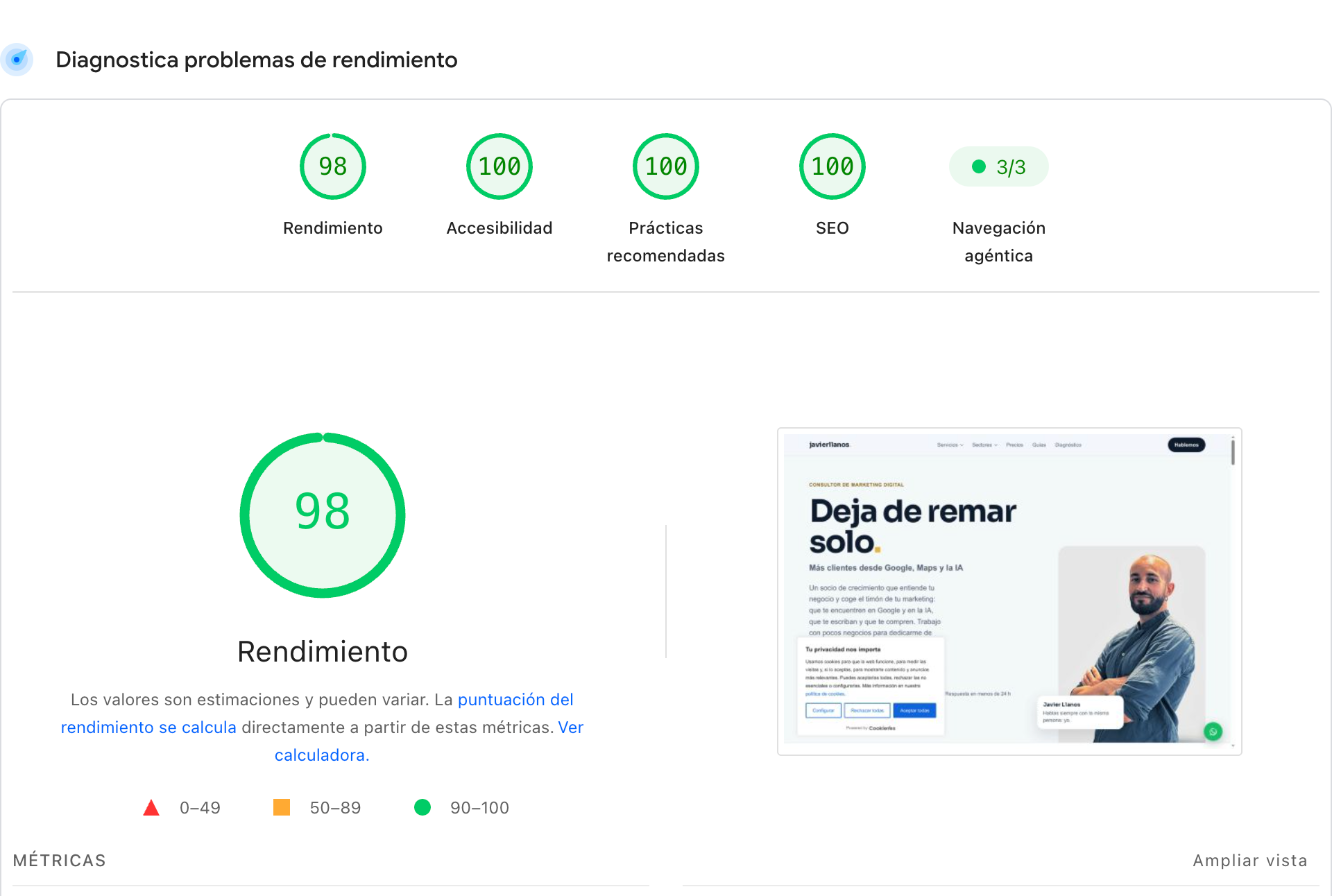 Captura de PageSpeed Insights de javierllanos.com en ordenador el 22 de octubre de 2026: rendimiento 98, accesibilidad 100, prácticas recomendadas 100 y SEO 100